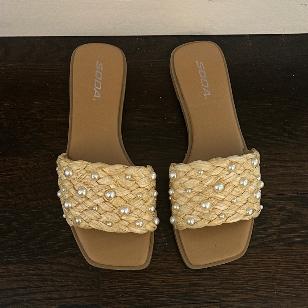 Soda Women's Tan Braided Pearl Slide Sandals